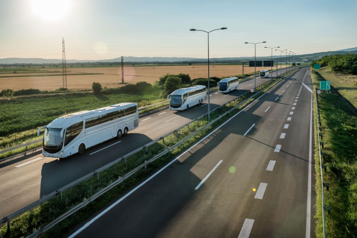 trei autocare albe deplasându-se în linie pe autostradă